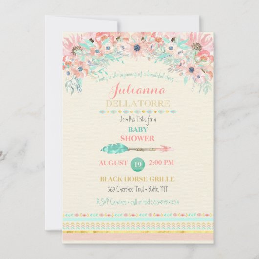 Boho Tribal Pfirsich Minze Arrow Floral Wasserfarb Einladung (Vorderseite)