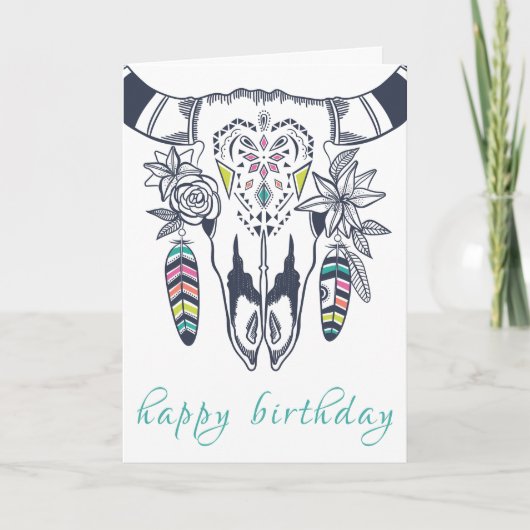 Boho Tribal Skull Bohemisch mit Türkis Geburtstag Karte (Vorderseite)
