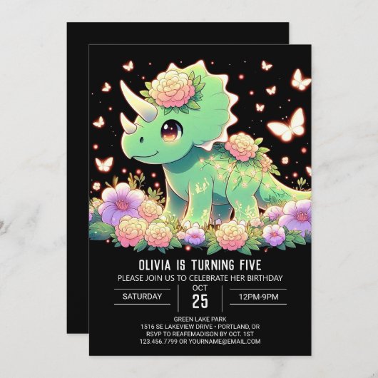 Boho Triceratops Dinosaur Digital Geburtstag Einladung (Vorne/Hinten)