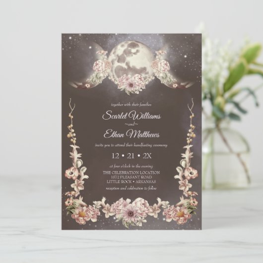 Boho Triple Moon Phases Starry Night Handfasts Einladung (Stehend Vorderseite)