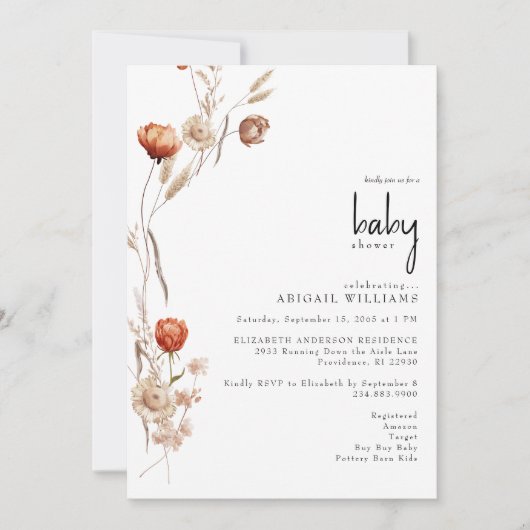 Boho trocknete neutrale Blütendusche Einladung (Vorderseite)