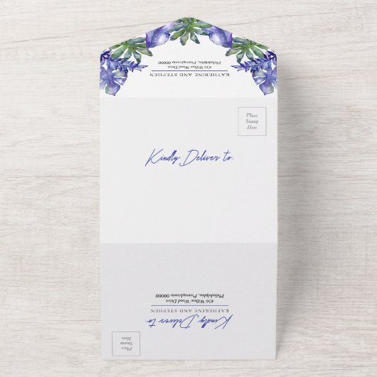 Boho Tropical Blätter Lila Grüne Hochzeit All In One Einladung (Außenbereich)