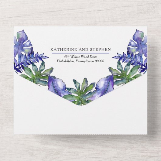 Boho Tropical Blätter Lila Grüne Hochzeit All In One Einladung (Rückseite)