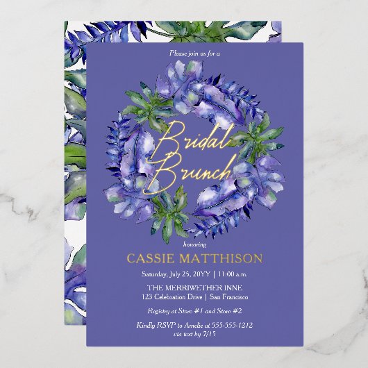 Boho Tropical Blätter Peri | Green Bridal Brunch Folieneinladung (Vorderseite/Rückseite)