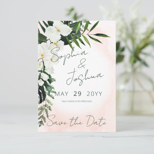 Boho Tropical Blush Wasserfarbe Save the Date Kart (Stehend Vorderseite)