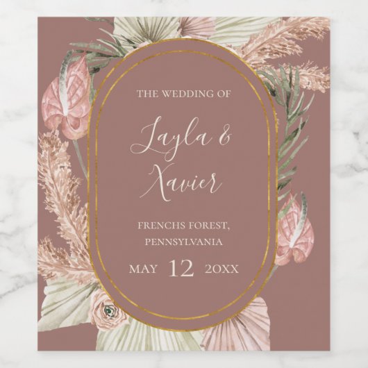 Boho Tropical Botanical | Dusty Rose Wedding Weinetikett (Einzelnes Label)