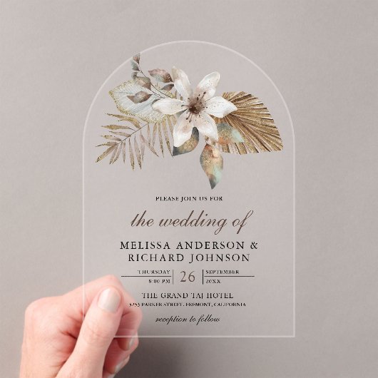 Boho Tropical Dried Palm Floral Wedding Acryleinladungen (Insitu (Handheld))