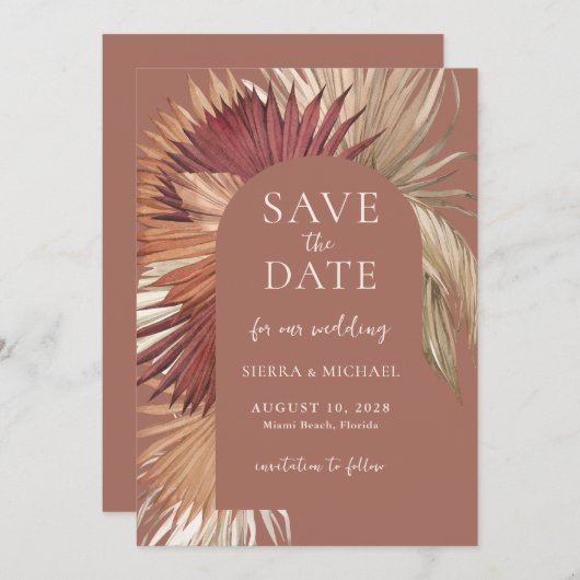 Boho Tropical Fan Palms Hochzeit speichern Sie das Save The Date (Vorne/Hinten)