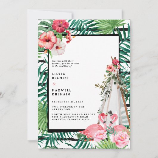 Boho Tropical Flamingo Wedding Einladung (Vorderseite)