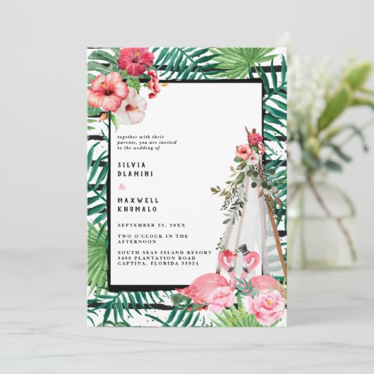 Boho Tropical Flamingo Wedding Einladung (Stehend Vorderseite)