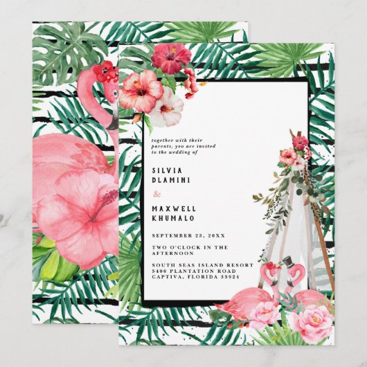 Boho Tropical Flamingo Wedding Einladung (Vorne/Hinten)