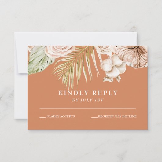 Boho Tropical Floral and palm terracotta wedding R RSVP Karte (Vorderseite)