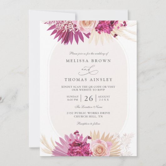 Boho Tropical FLoral Elegant Chic QR Code Wedding Einladung (Vorderseite)