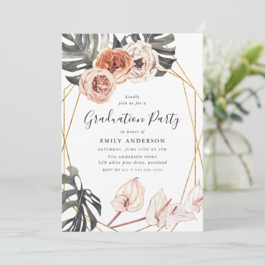 Boho Tropical Floral Frame Graduation Party Einladung (Stehend Vorderseite)