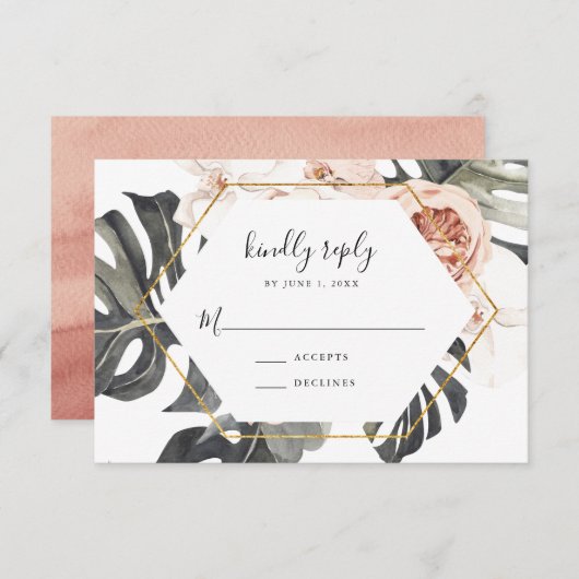Boho Tropical Floral Gold Frame Wedding RSVP Card (Vorne/Hinten)