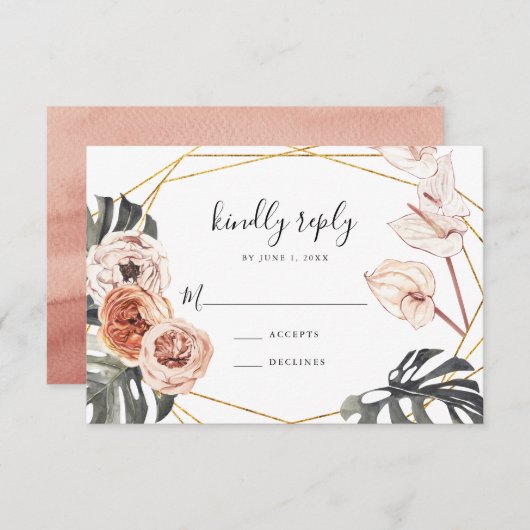 Boho Tropical Floral Gold Frame Wedding RSVP Card (Vorne/Hinten)
