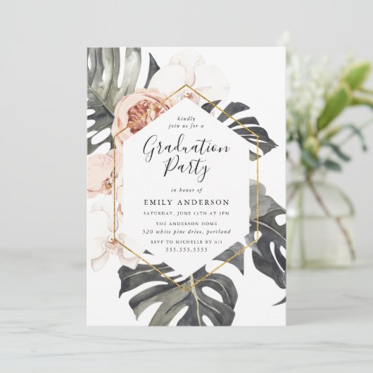 Boho Tropical Floral Graduation Party Einladung (Stehend Vorderseite)