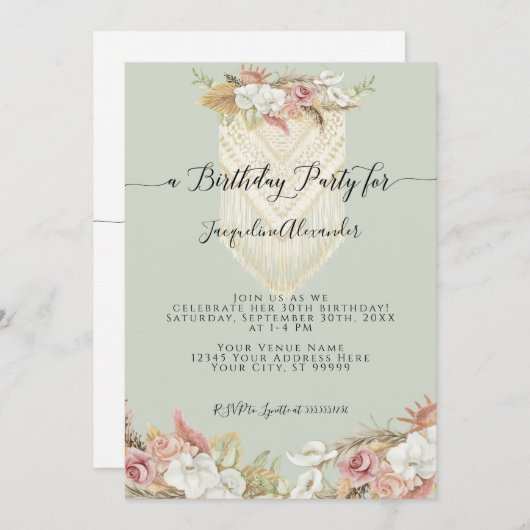 Boho Tropical Floral Pampas Grass Birthday Party Einladung (Vorne/Hinten)