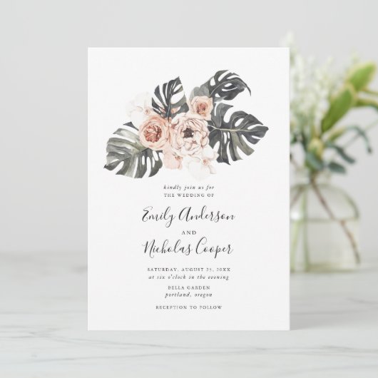 Boho Tropical Floral Wedding Einladung (Stehend Vorderseite)