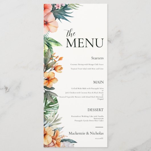 Boho Tropical Floral Wedding Menu Menükarte (Vorderseite)