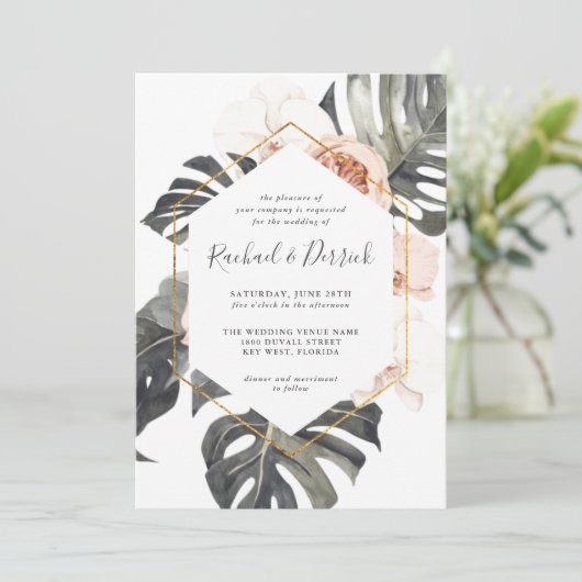Boho Tropical Floral with Geometric Frame Wedding Einladung (Stehend Vorderseite)