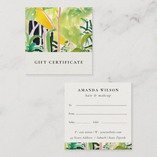 Boho Tropical Foliage Botanical Gift Certificate Quadratische Visitenkarte (Vorne/Hinten)