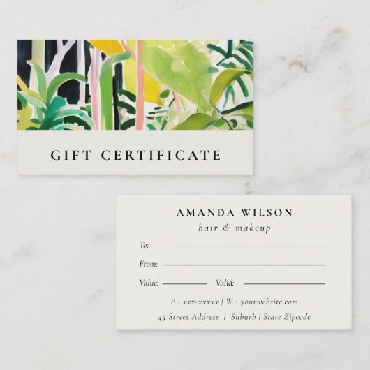 Boho Tropical Foliage Botanical Gift Certificate Visitenkarte (Vorne/Hinten)