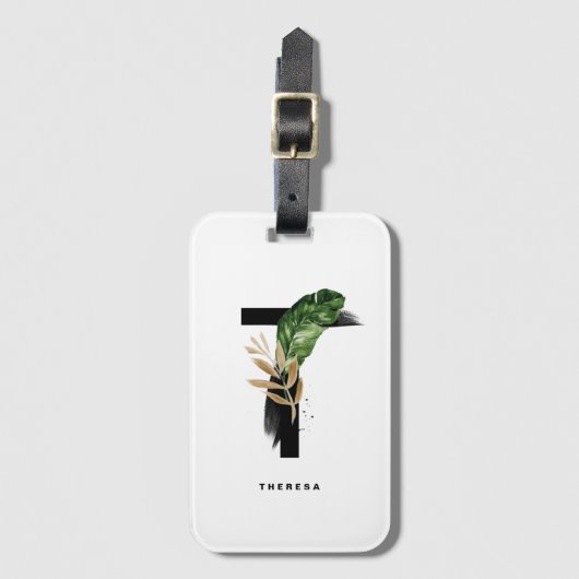 Boho Tropical Foliage Letter T Monogram Bridesmaid Gepäckanhänger (Vorderseite Vertikal)