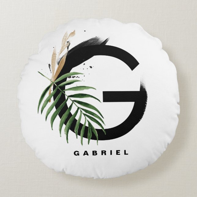 Boho Tropical Greenerenerity Letter G Monogram Rundes Kissen (Vorderseite)
