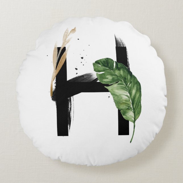 Boho Tropical Greenerenerity Letter H Monogram Rundes Kissen (Vorderseite)
