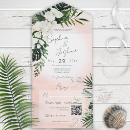 Boho Tropical Greenerenery Pink Blush QR Code All In One Einladung