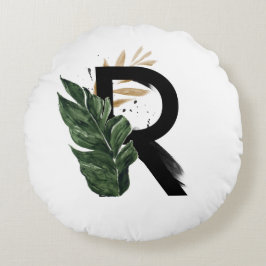 Boho Tropical Greenery Letter R Monogram Rundes Kissen