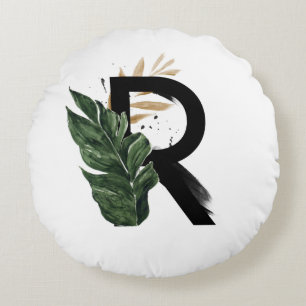 Boho Tropical Greenery Letter R Monogram Rundes Kissen
