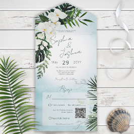 Boho Tropical Greenery Modern Aqua QR Code All In One Einladung