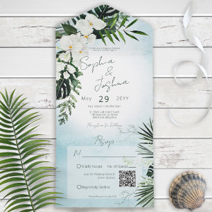 Boho Tropical Greenery Modern Aqua QR Code All In One Einladung