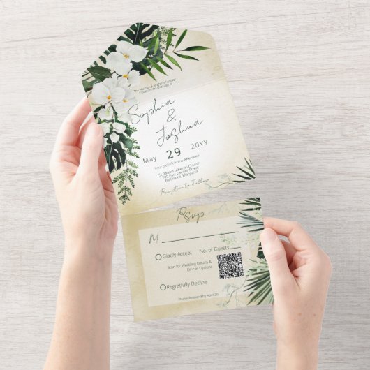 Boho Tropical Greenery Modern Sand QR All In One Einladung (Abreißen)