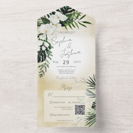 Boho Tropical Greenery Modern Sand QR All In One Einladung (Innen Boden)