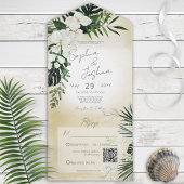 Boho Tropical Greenery Modern Sand QR All In One Einladung