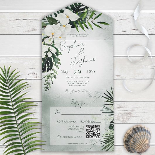 Boho Tropical Greenery Moderner Grüner QR-Code All In One Einladung