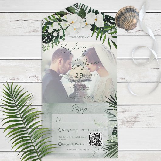 Boho Tropical Greenery Modernes Foto QR Code All In One Einladung