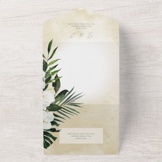 Boho Tropical Greenery Modernes Sandessen All In One Einladung (Außenbereich)