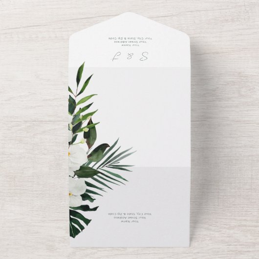 Boho Tropical Greenery Modernes Weiß Foto CUSTOM All In One Einladung (Außenbereich)