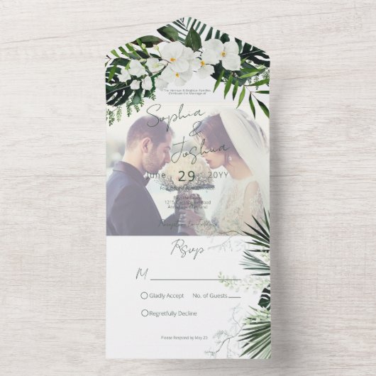 Boho Tropical Greenery Modernes Weiß Foto CUSTOM All In One Einladung (Innen Boden)