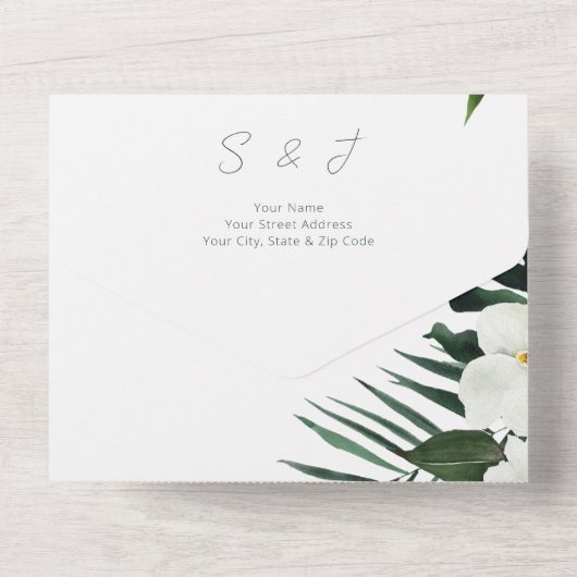 Boho Tropical Greenery Modernes Weiß Foto CUSTOM All In One Einladung (Rückseite)