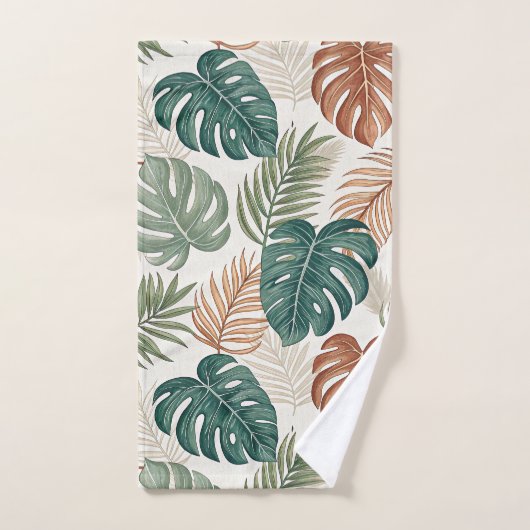 Boho Tropical Leaves Pattern Rust Green Beige Badhandtuch Set (Handtuch)