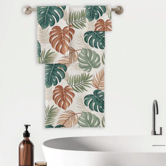 Boho Tropical Leaves Pattern Rust Green Beige Badhandtuch Set