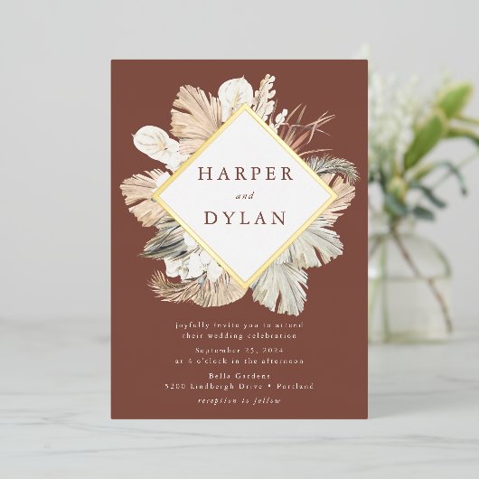 Boho Tropical Liebe Diamond Frame Wedding Gold Folieneinladung (Stehend vorne)