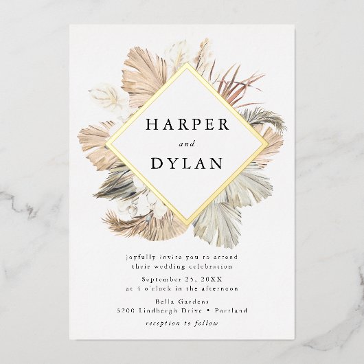 Boho Tropical Liebe Diamond Frame Wedding Gold Folieneinladung (Vorderseite)