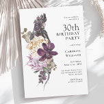 Boho Tropical Lila Parrot 30. Geburtstag Einladung<br><div class="desc">Eine wunderschöne bohrofarbene tropische Aquarell-Party Einladung aus dem 30. Jahrhundert mit einer prächtigen Farbpalette in lila, pflaumenfarben, beige (cremefarben) und grün. Ein schöner großer lila Papagei liegt auf einem luxuriösen Bouquet exotischer tropischer Blume. Das Farbschema ist perfekt für Geburtstagsveranstaltungen zu jeder Jahreszeit und hat einen rustikalen Charme. Zu den Blume...</div>
