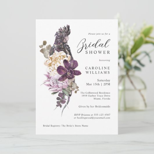 Boho Tropical Lila Parrot Brautparty Einladung (Stehend Vorderseite)